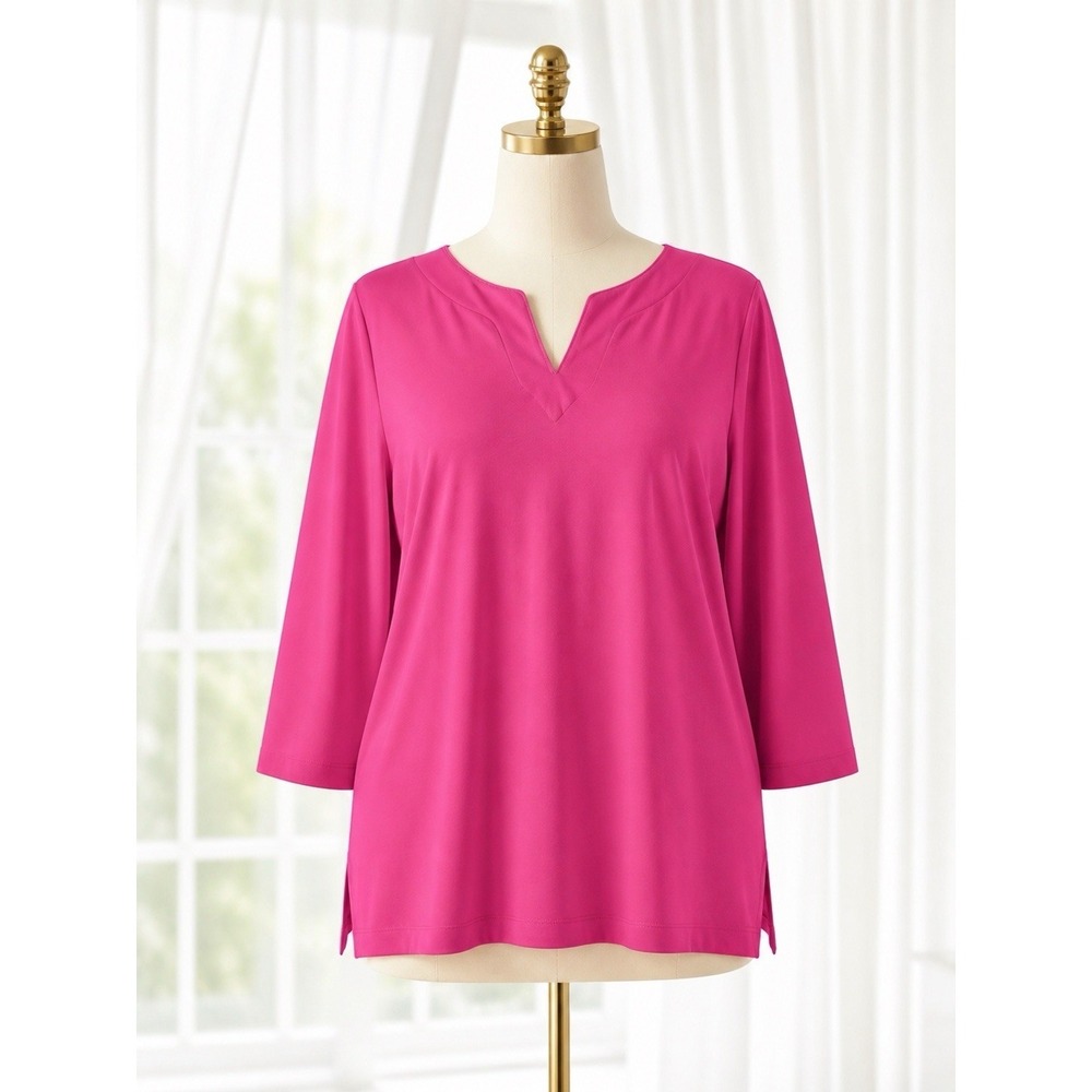 L.L. Bean Split Neck Knit Popover Top 100% Supima Cottonโ Pink Size L Petite